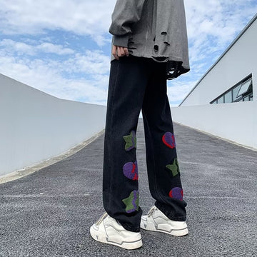 Wiaofellas Niche Designer American Retro Mens Pants High Street Towel Embroidery Spring and Autumn Jeans Casual Straight Male New Trousers